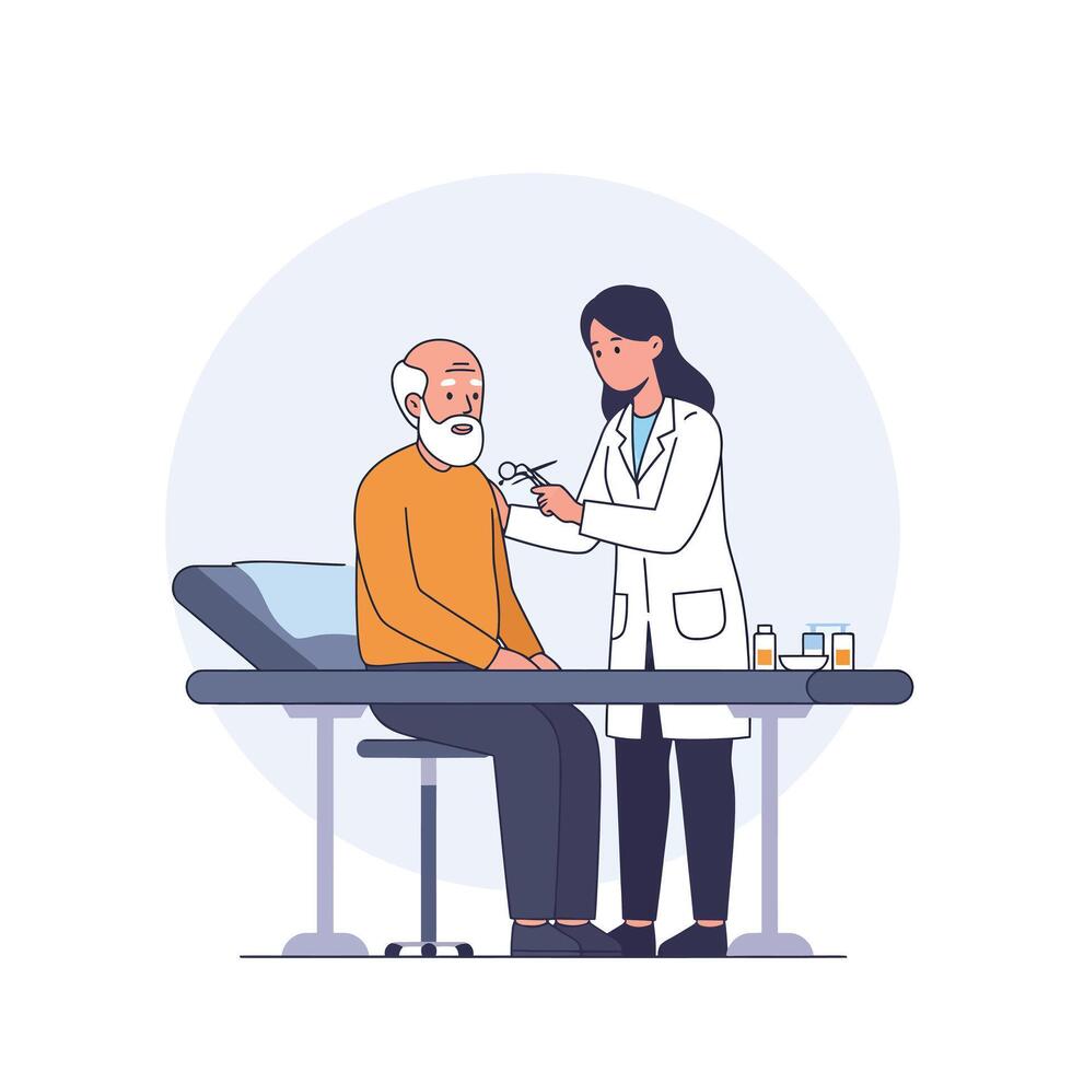 Doctor examining elderly man's ear, illustration vector