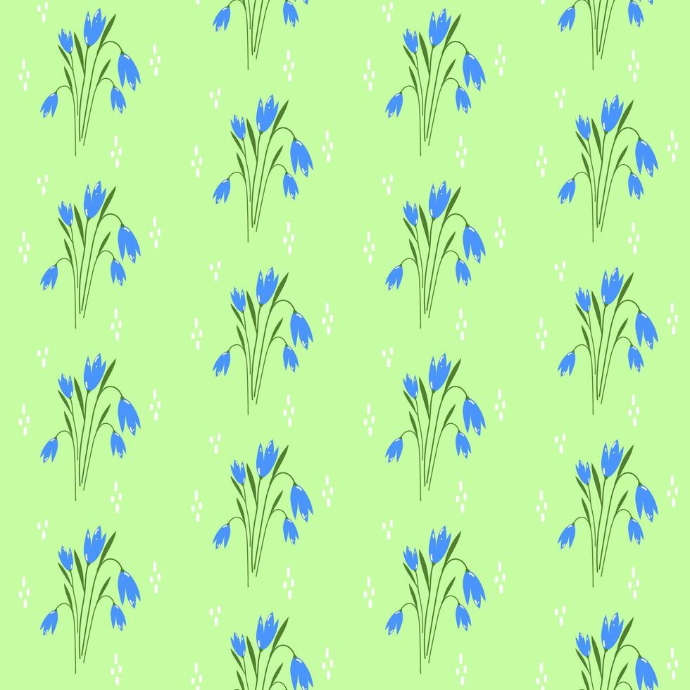 Spring first blooming in a forest and meadow flower, delicate blue scylla, hand drawn seamless pattern. vector