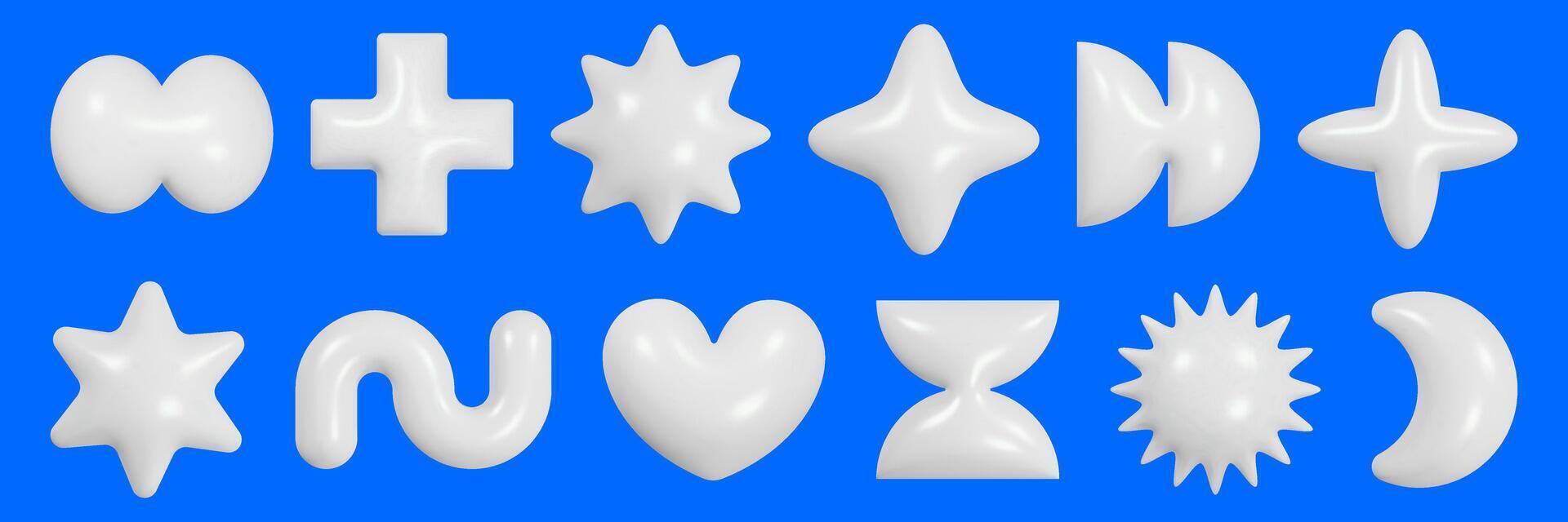 Collection of geometric 3D figures with a glossy plastic texture arranged on a blue background showcasing creativity in design and form. vector
