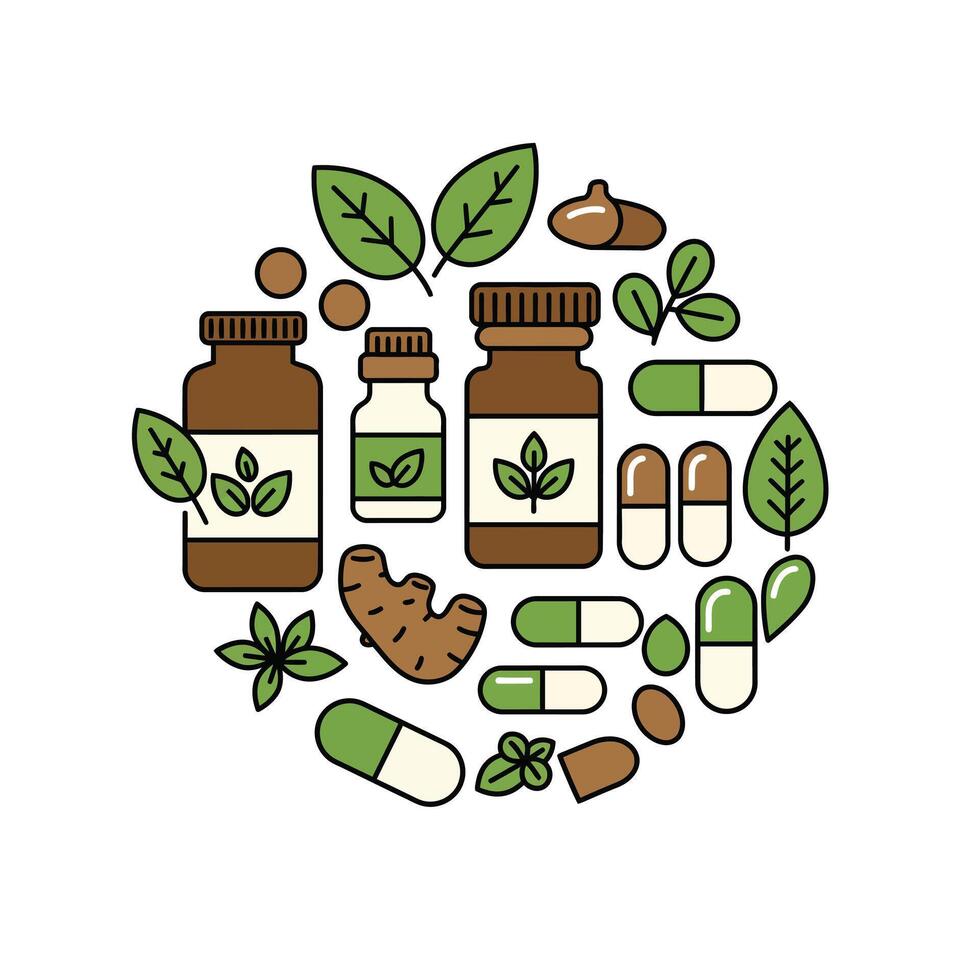 Medicine and herbs icons in a circle vector