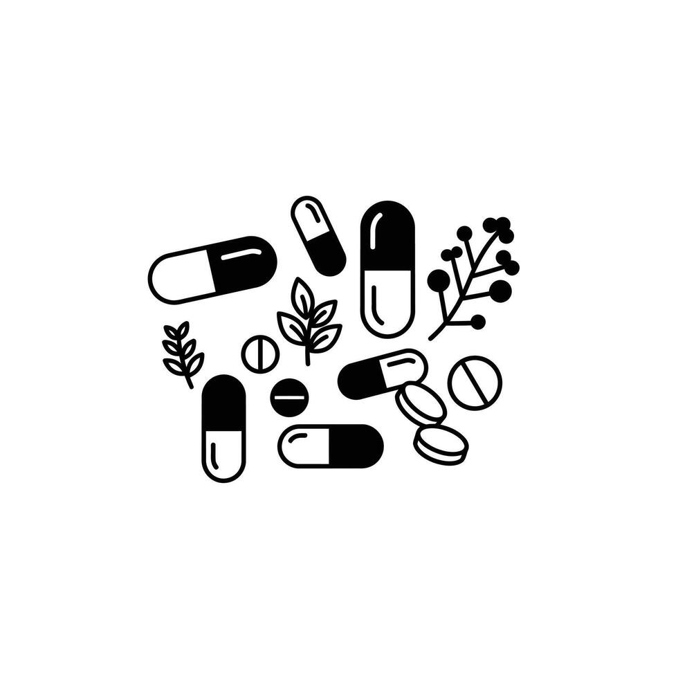 Pills and leaves icon set vector