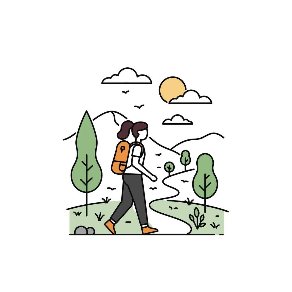 A woman with a backpack is walking through the woods vector