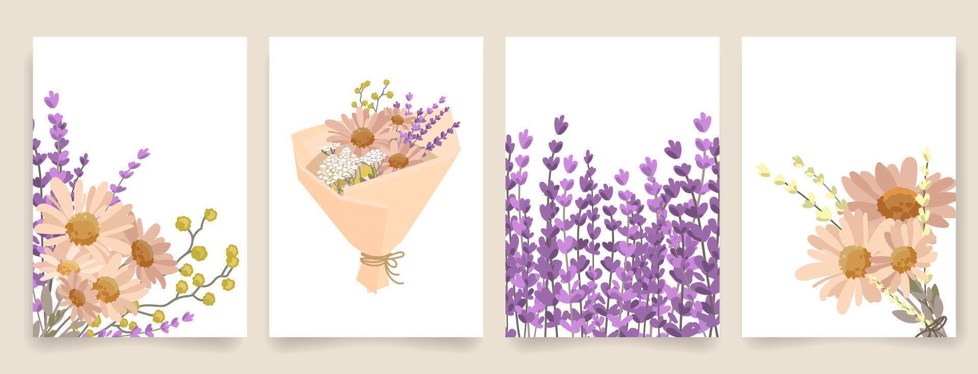 Elegant floral cards with different flowers,delicate botanical elements. Spring summer design highlights nature inspired beauty,greeting cards, Mother's Day cards, March 8, Birthday,invitations. vector