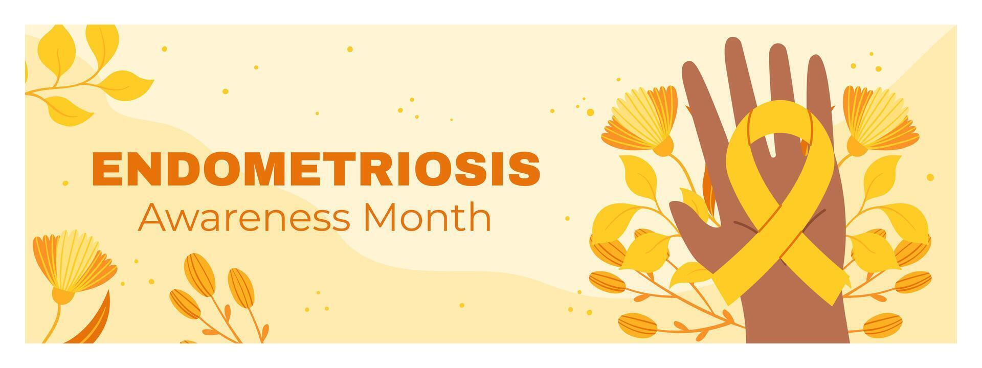 Horizontal Banner for Endometriosis Awareness Month with Yellow Ribbon, Raised Hand, and Floral Decoration for March Health Campaign vector