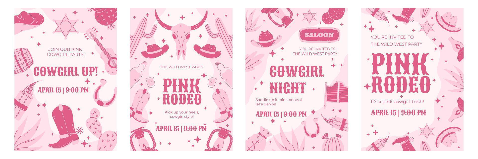 Set of pink Wild West-themed party poster templates with cowboy and rodeo illustrations. Cartoon design for event promotion. Poster mockups for greeting cards, invitations, or banners. vector
