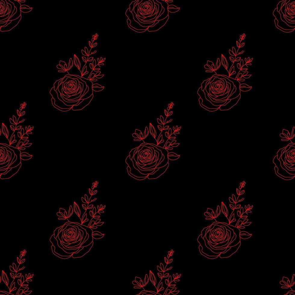 Seamless pattern with red roses on a black background. pattern abstract line art roses. Fabric prints, wallpapers, wrapping paper, home decor, invitations, packaging, stationery, fashion design vector