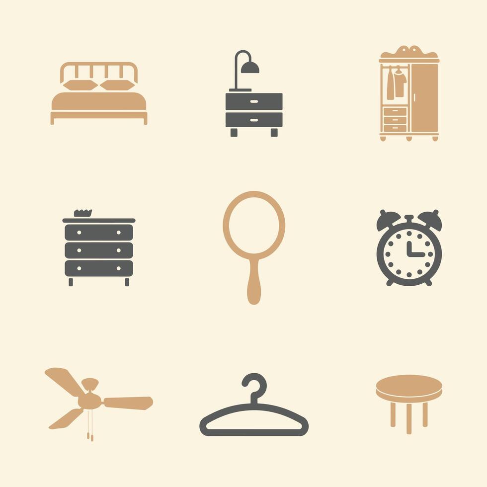 Bedroom Decor Icons Set in Beige and Gray Color Scheme vector