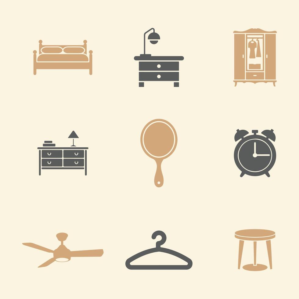 Bedroom Decor Icons Set for UI UX and Presentations in Beige and Gray vector
