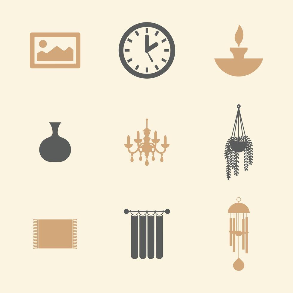 Home Decor and Accessories Icons Collection for Web and Apps in Beige and Gray vector