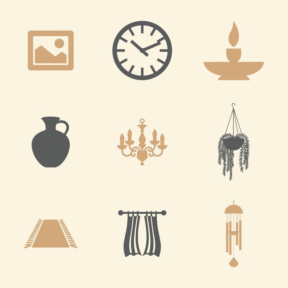 Home Decor and Accessories Icons Set in Beige and Gray Color Scheme vector