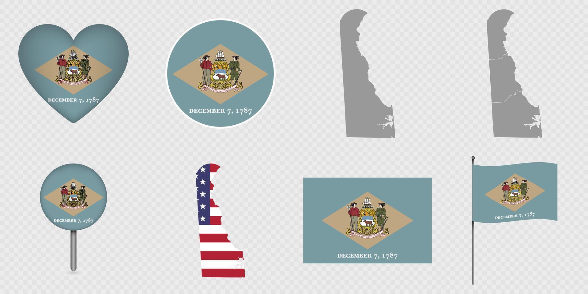 Delaware State Flags and Maps Icon Pack. vector