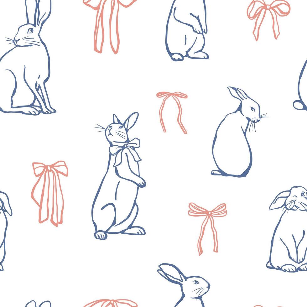 Minimalistic seamless pattern with rabbits and bows. Sketch style illustration for fabric, textile, wrapping paper vector