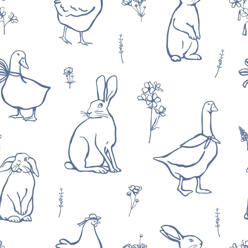 Simple hand drawn farm animals with decorative elements seamless pattern. Illustration for spring or Easter design vector