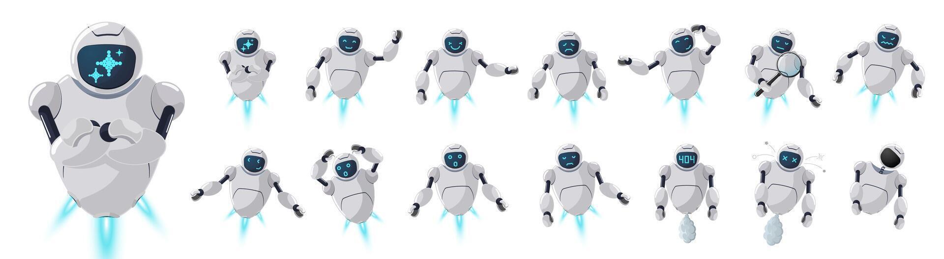 Cute AI robot character set with friendly expressions. Futuristic 3D chatbot mascot for digital assistant, automation or technology application. Online tech or virtual communication theme chat bot vector
