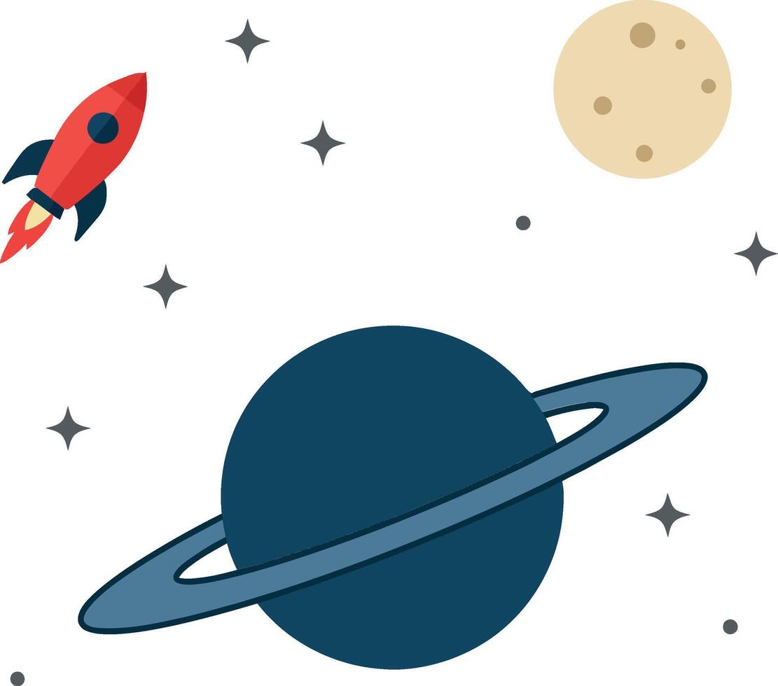 Colorful rocket soaring through space near a blue planet with rings and a yellow moon in flat illustration vector