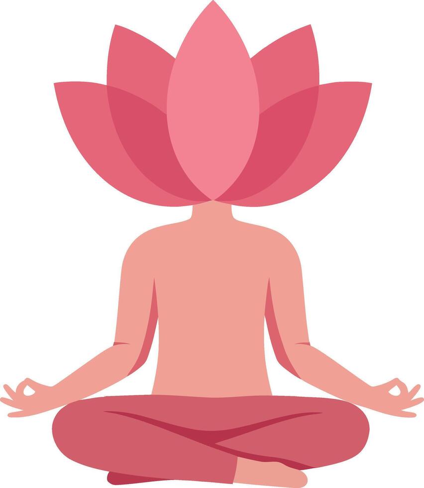 Meditating figure with a pink lotus flower head in a serene pose, flat art illustration vector
