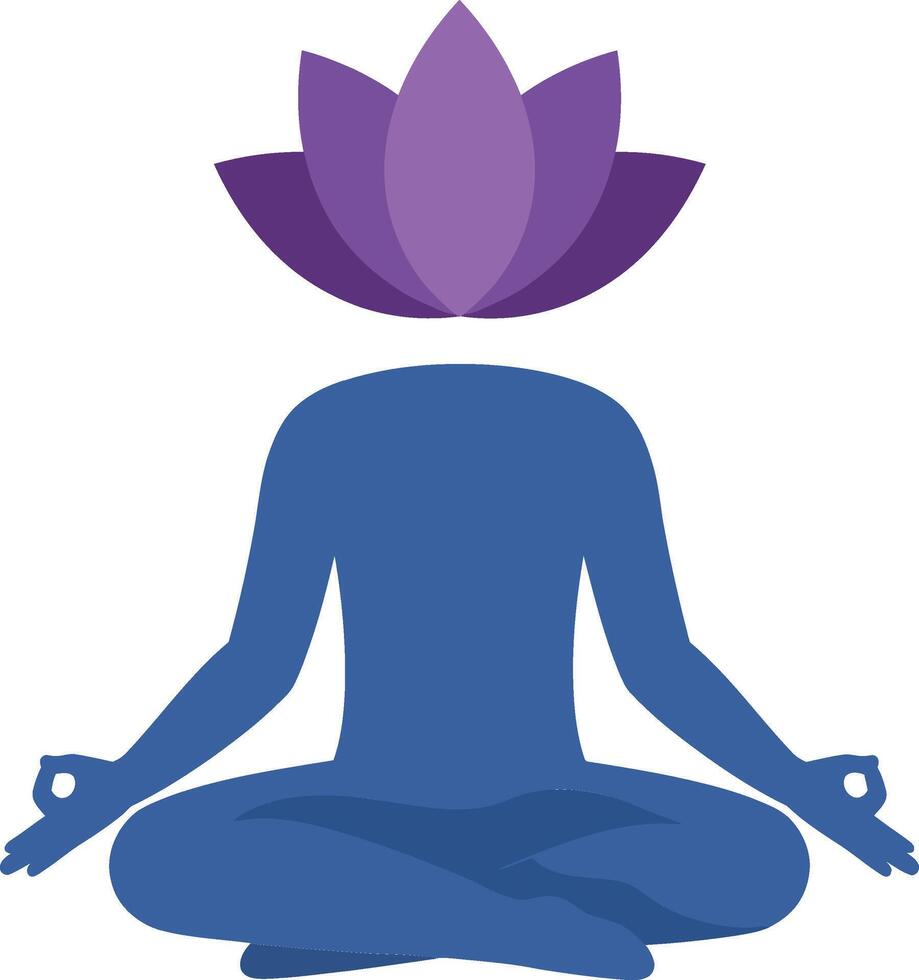 Meditating figure in a serene pose with a purple lotus blossom on their head, showcasing a flat design style in vibrant art vector