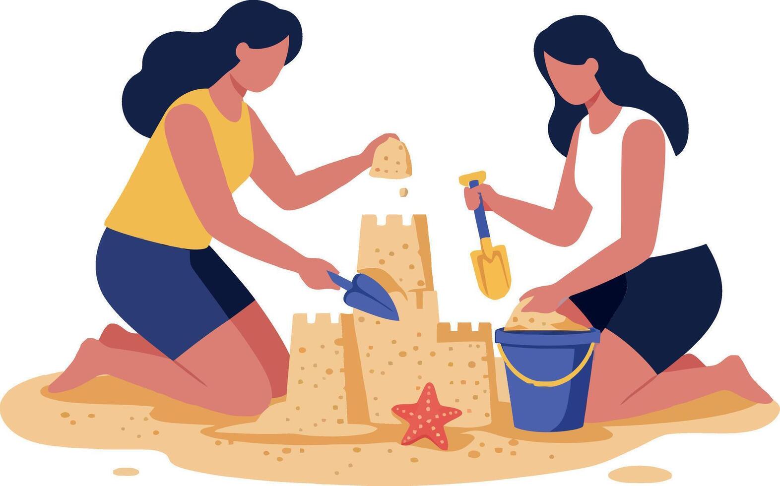 Two women building a sandcastle on a sunny beach in a flat illustration style, showcasing teamwork and creativity in a playful atmosphere art vector