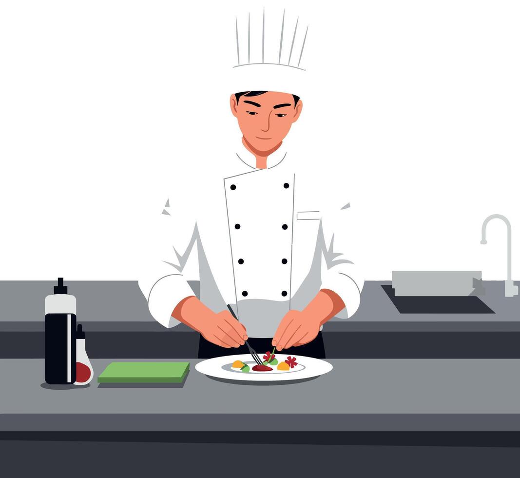 Chef in a white uniform meticulously plating colorful gourmet food on a round plate in a minimal illustration vector