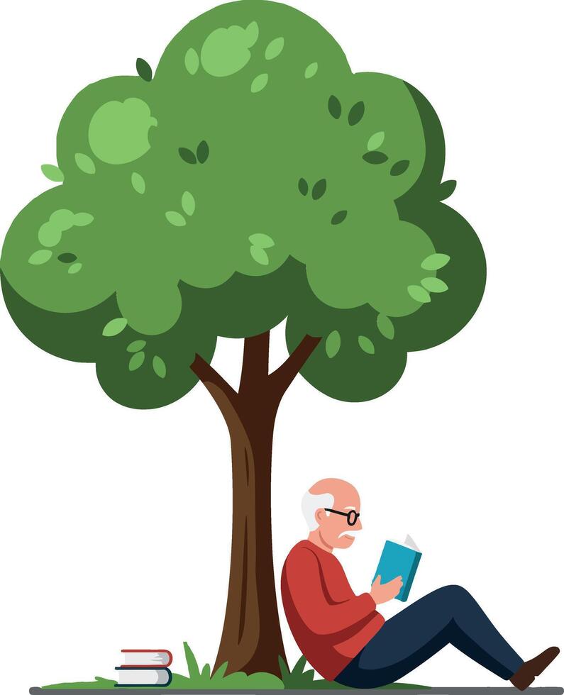 An elderly man reading a book under a large green tree in a flat illustration depicting a serene outdoor scene vector