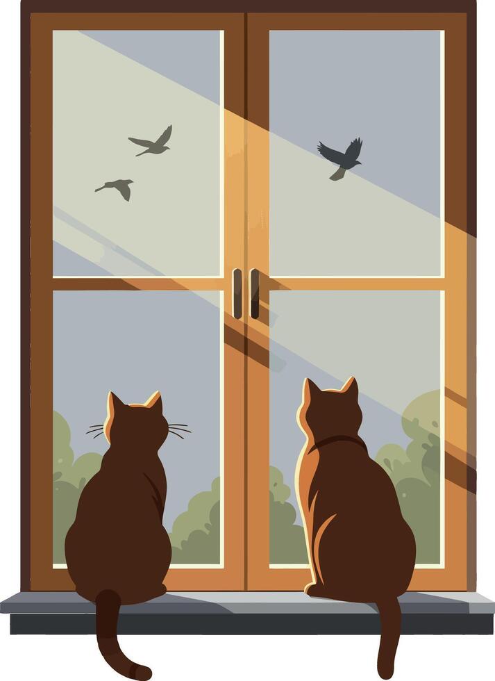 Two brown cats sitting on a windowsill, gazing outside at birds, in a minimal flat illustration vector