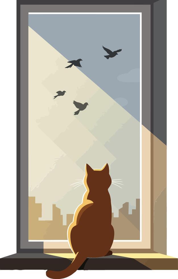 A brown cat sitting on a windowsill gazing at flying birds in a minimalistic illustration vector