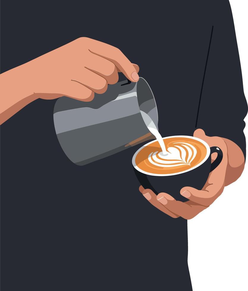 A person pouring steamed milk into a black coffee cup creating intricate latte art in minimal illustration vector