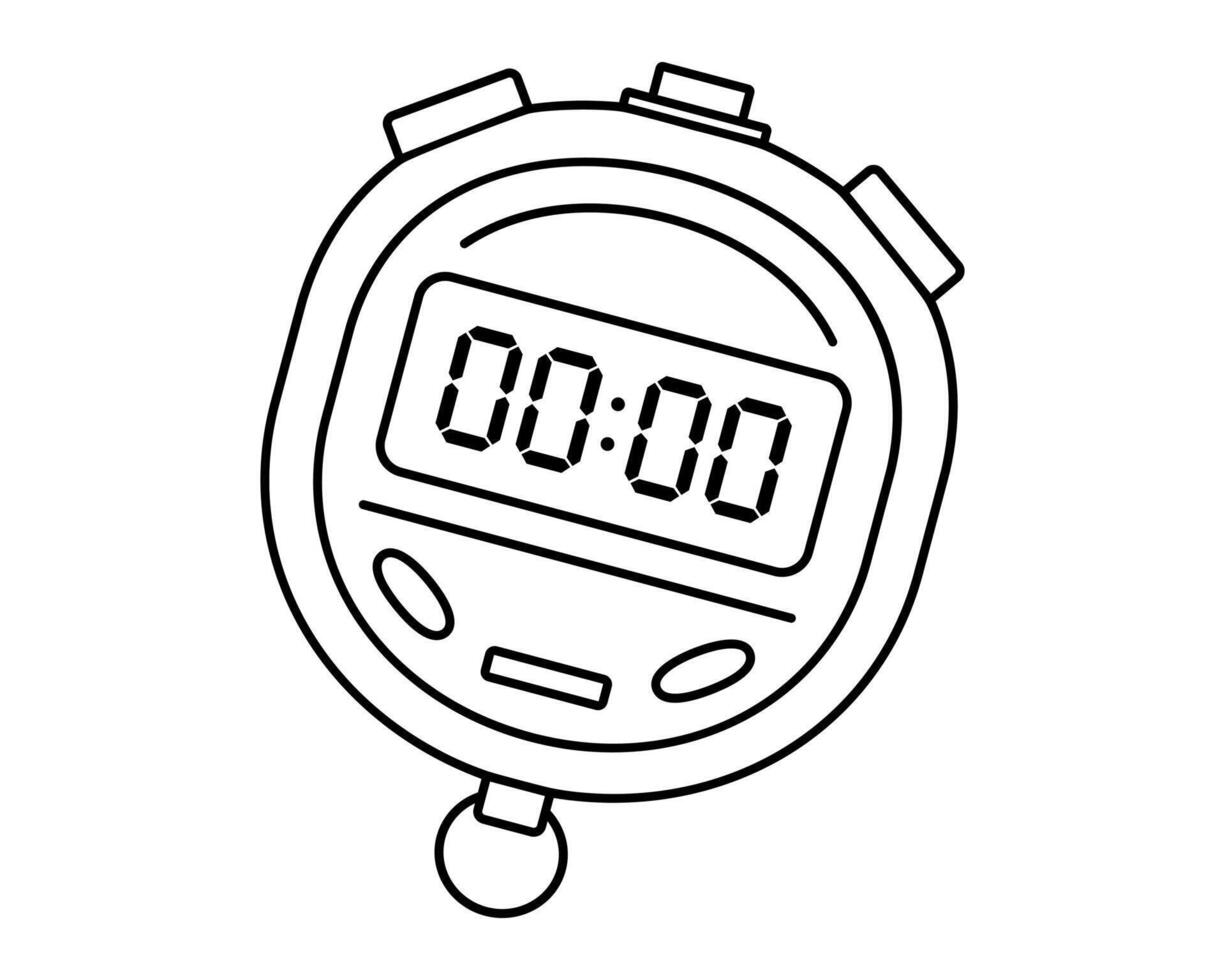 Hand drawn cute outline illustration of digital timer clock. Flat electronic time measurement device line art doodle. Stopwatch sticker, icon. Deadline or race. Sport competition. Isolated. vector