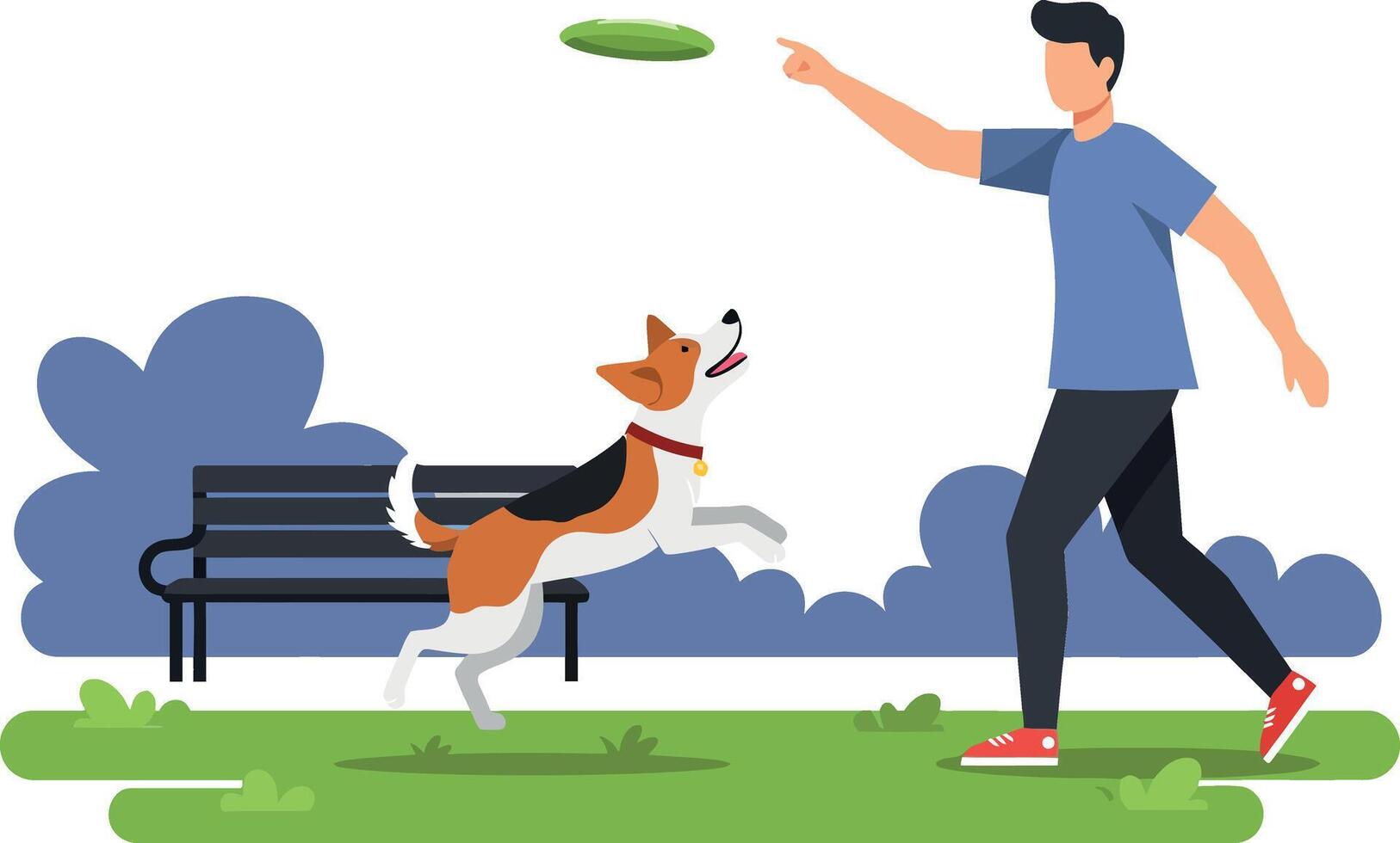 A man playfully throwing a frisbee to his excited dog in a park setting, flat illustration vector