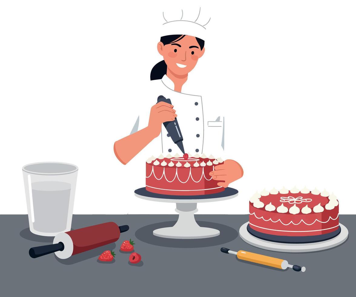 Baker decorating two delicious cakes with frosting in a bright kitchen, featuring flat design art vector