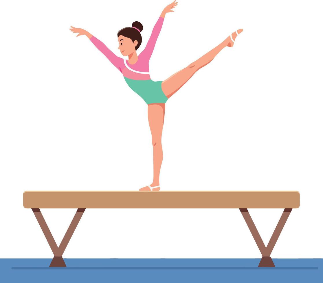 A graceful gymnast performing an elegant balance pose on a wooden beam in a minimal flat illustration vector