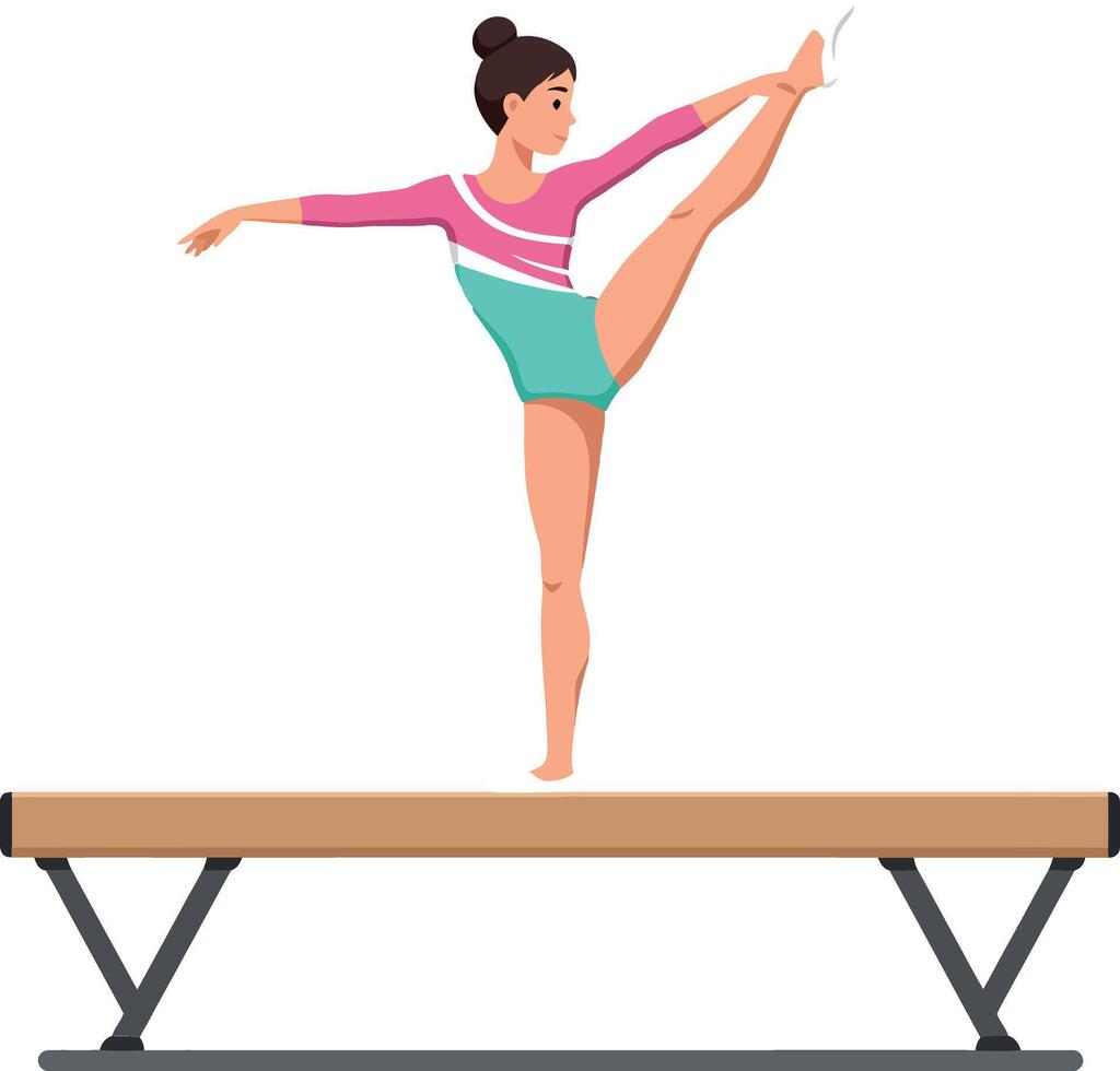 A gymnast performing an elegant balance routine on a wooden beam in a flat illustration showcasing athleticism and concentration vector