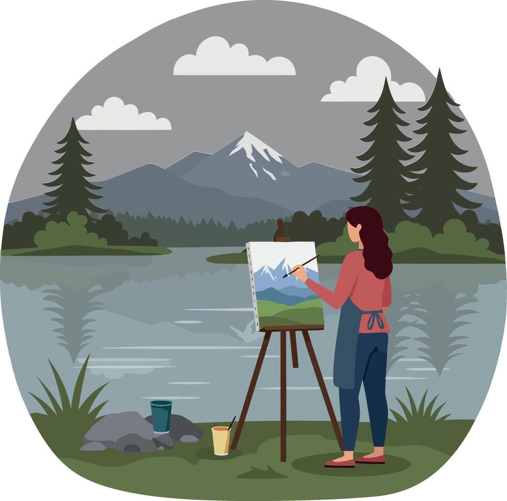 A woman painting a serene mountain landscape by a tranquil lake in flat art style, showcasing natural beauty and creativity vector