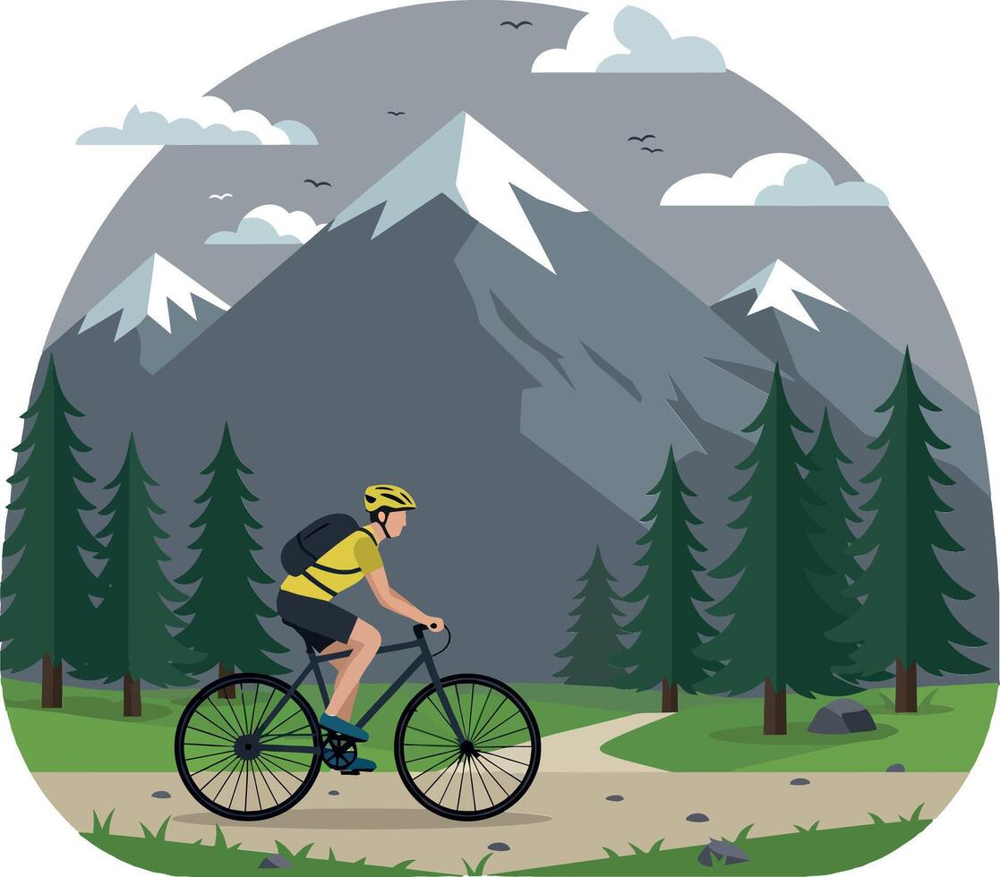 A cyclist wearing a yellow helmet rides along a winding path surrounded by towering mountains and lush pine trees in flat art vector