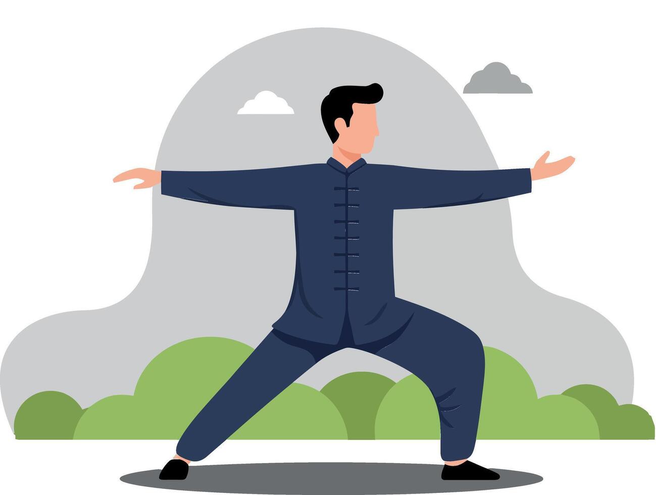 A man practicing Tai Chi in a serene outdoor setting featuring flat design elements and subtle colors, showcasing fluid movement in art vector