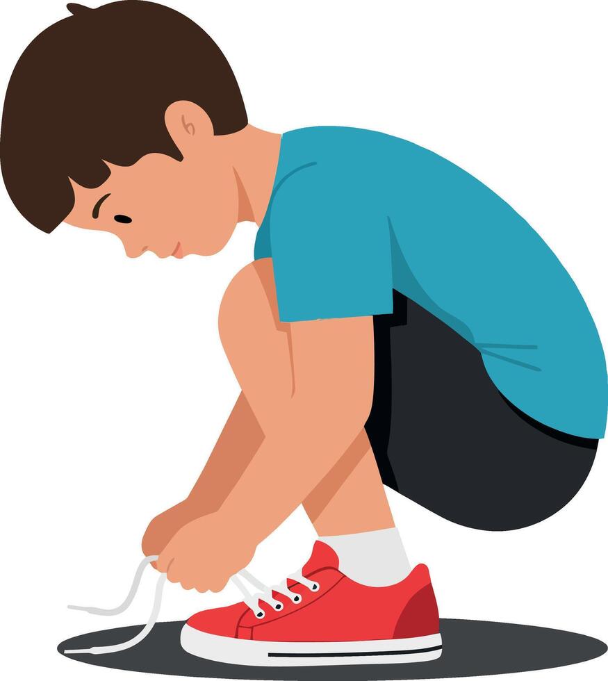 Young boy in blue shirt kneeling to tie red shoelaces with a flat and minimal design style illustration vector