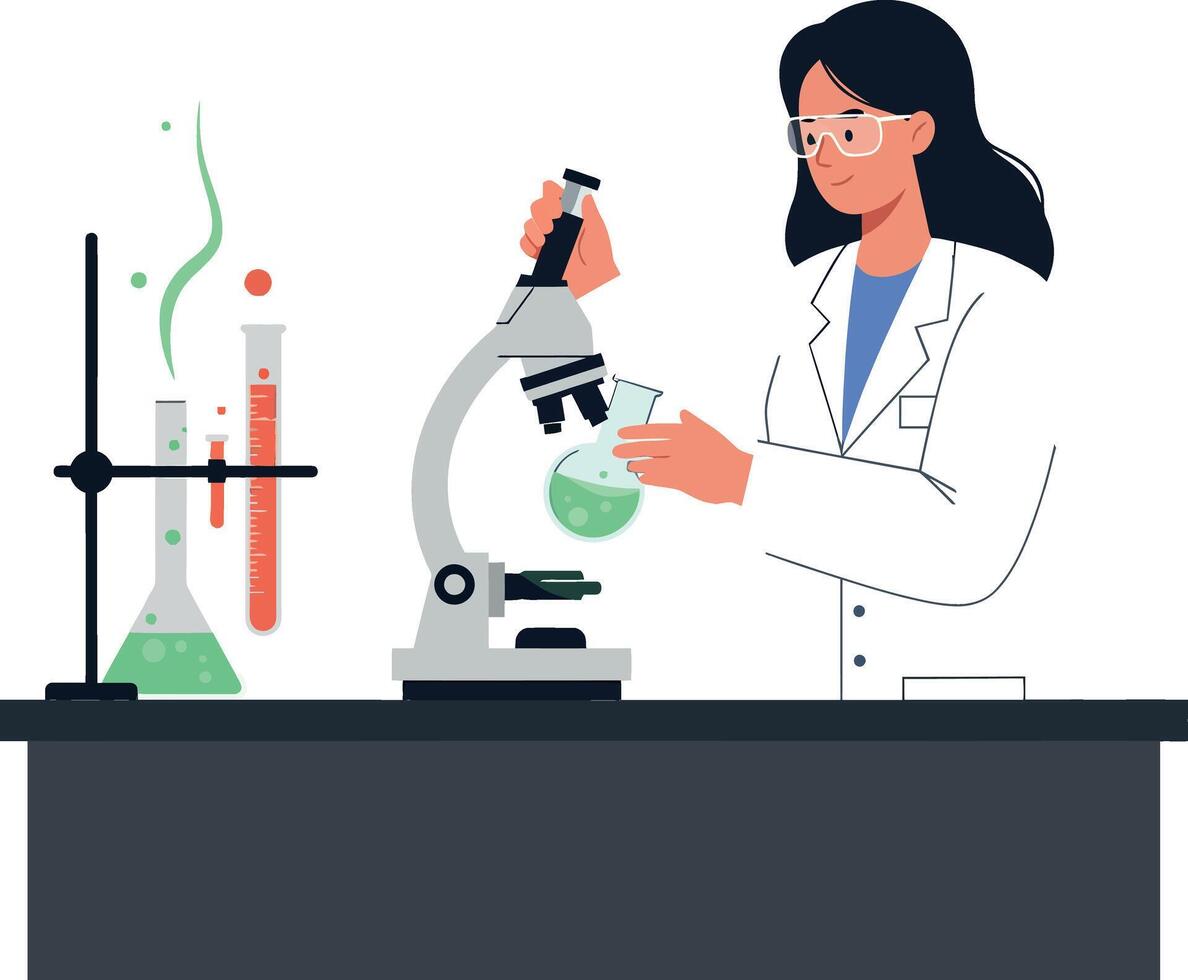 Female scientist in a laboratory conducting experiments with a microscope and green liquids in test tubes, flat art vector
