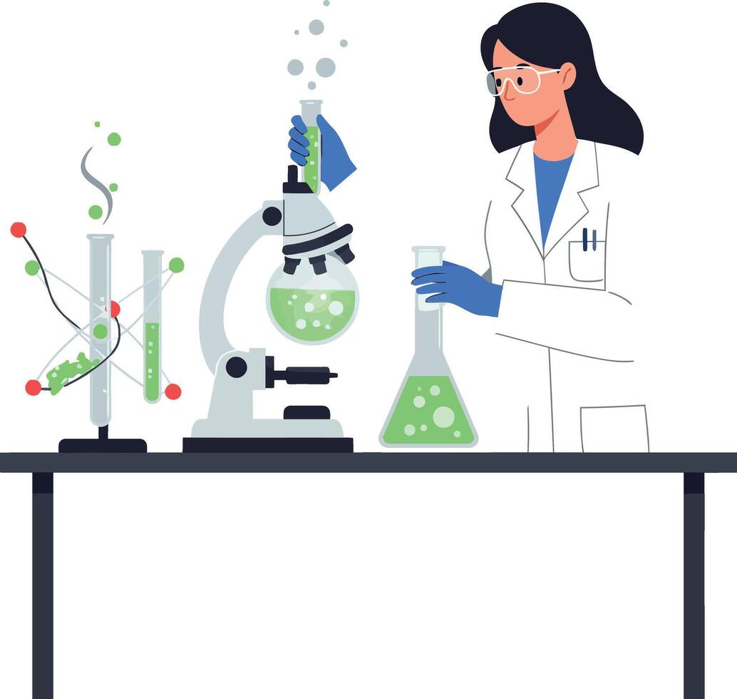 Scientist in a white lab coat conducting experiments with a microscope and beakers in a minimal illustration vector