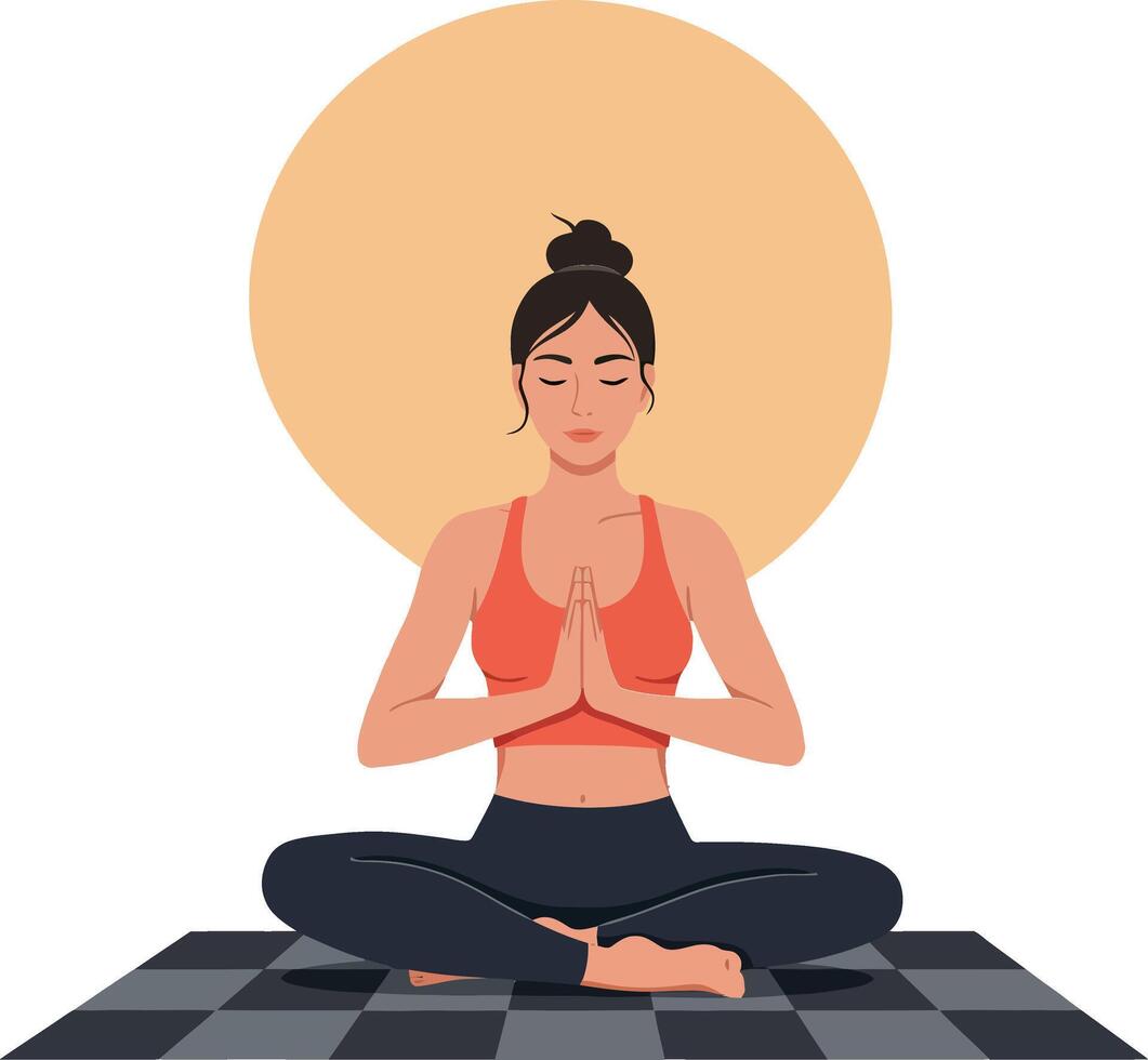 Serene woman practicing yoga in a peaceful setting with a warm sun behind her in flat art vector