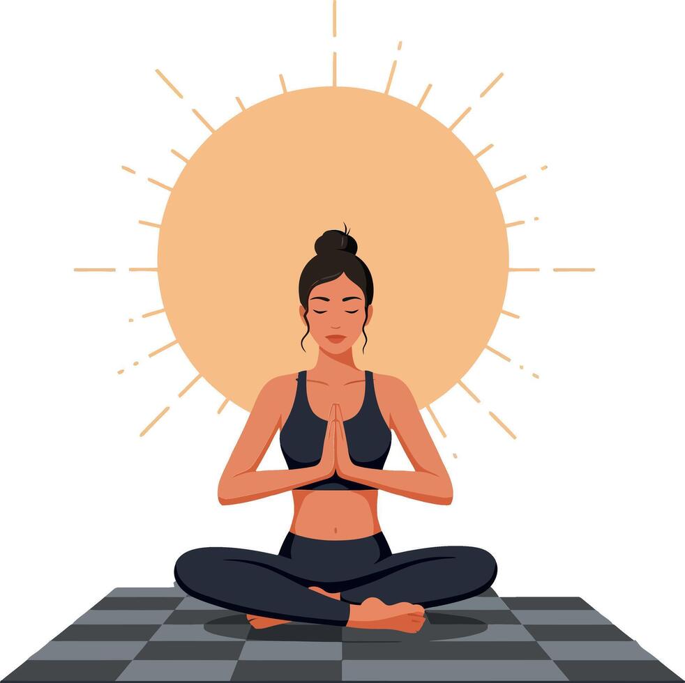 A woman practicing yoga in a meditative pose on a checkered mat with a radiant sun behind, minimal illustration vector