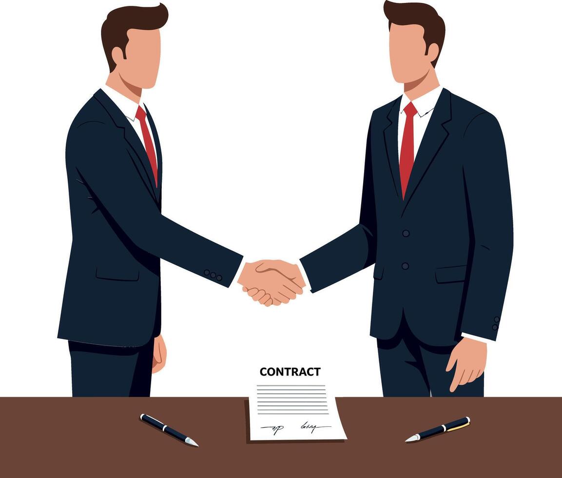 Two business professionals shaking hands over a contract on a wooden table in a minimal and professional illustration vector