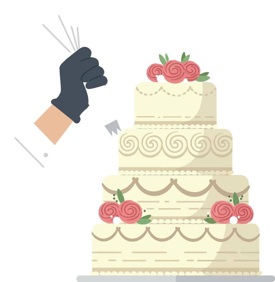 A skilled baker decorating a three-tiered wedding cake with pink roses in a flat illustration vector