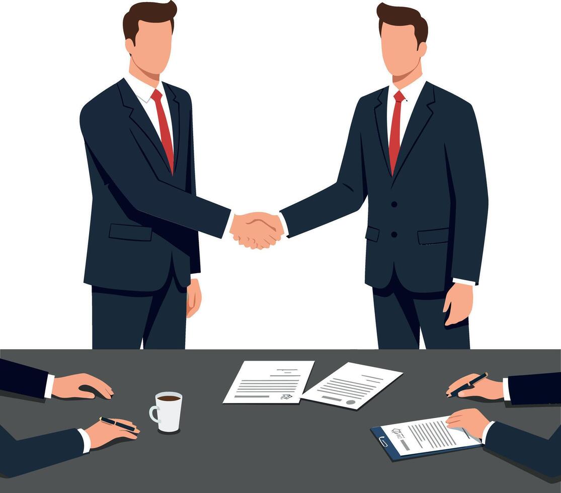 Two business professionals in suits shaking hands at a conference table in a flat illustration conveying teamwork and agreement vector
