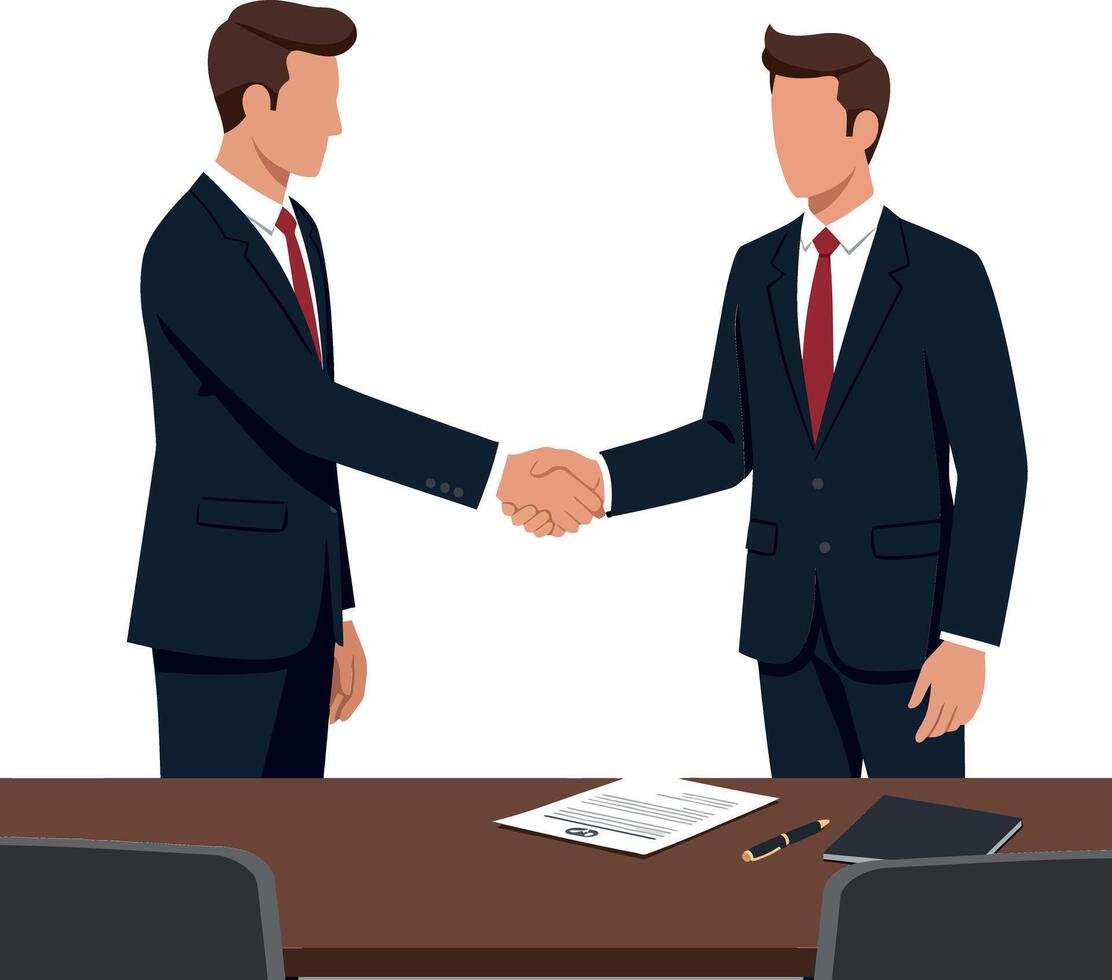 Two business professionals in suits shaking hands over a table in a flat illustration depicting collaboration and agreement vector