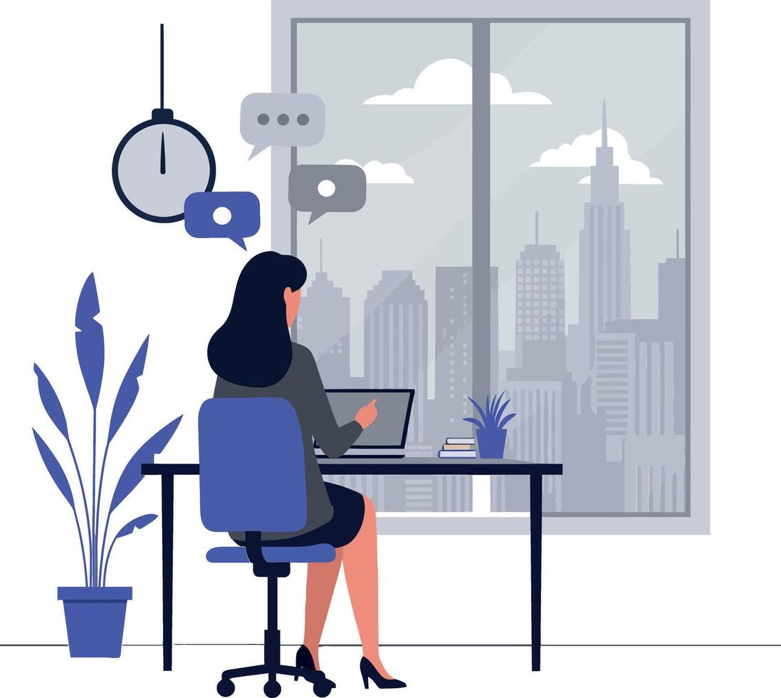 Woman working at a desk with a laptop and plants, minimalistic design in an urban office setting, illustration vector