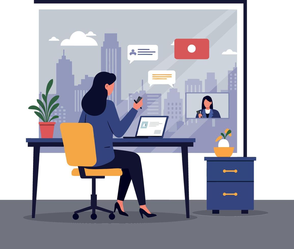 A woman engaged in a call at her modern office desk in a flat illustration showcasing a city skyline backdrop and vibrant colors vector