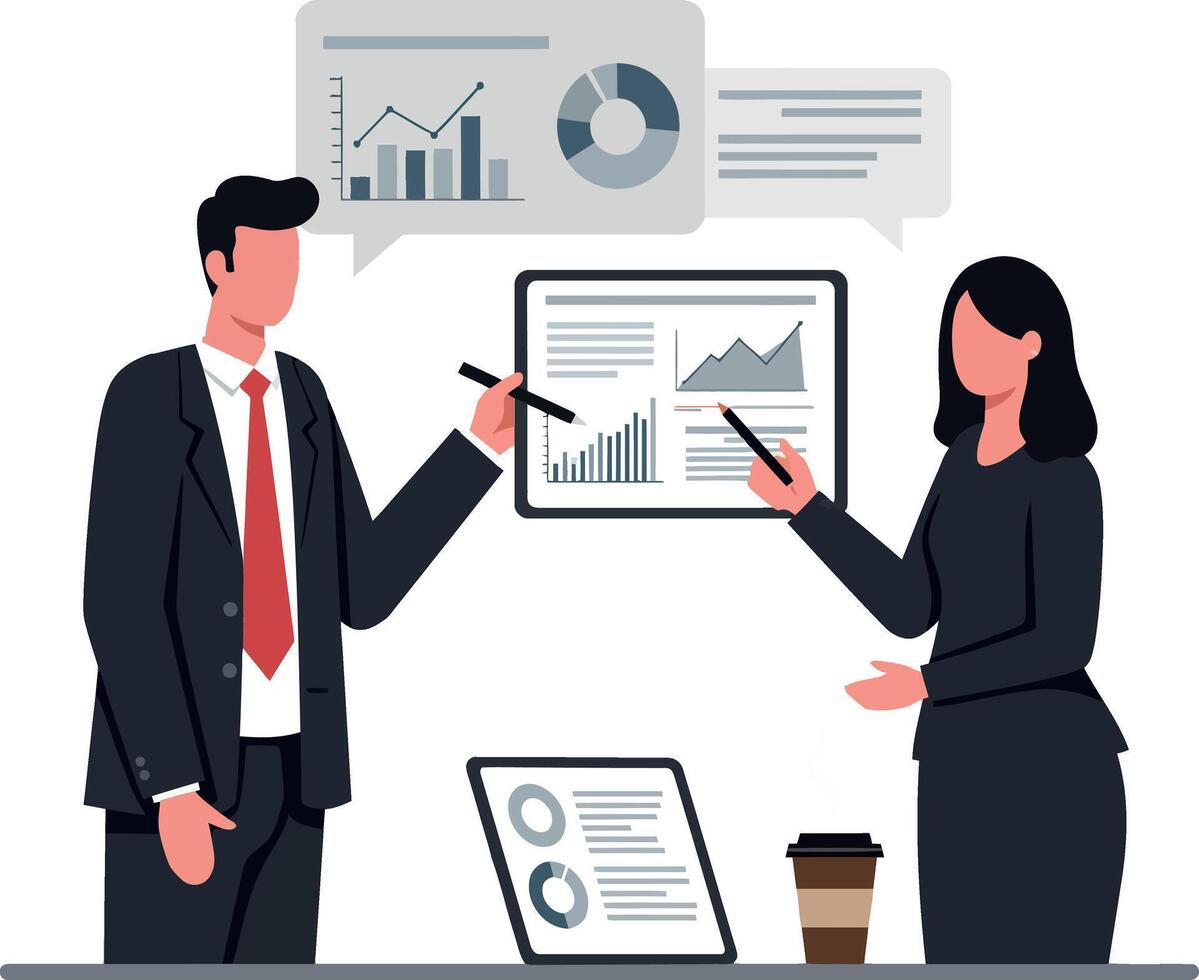 Engaged business professionals presenting data insights in a modern office setting, featuring flat design art vector