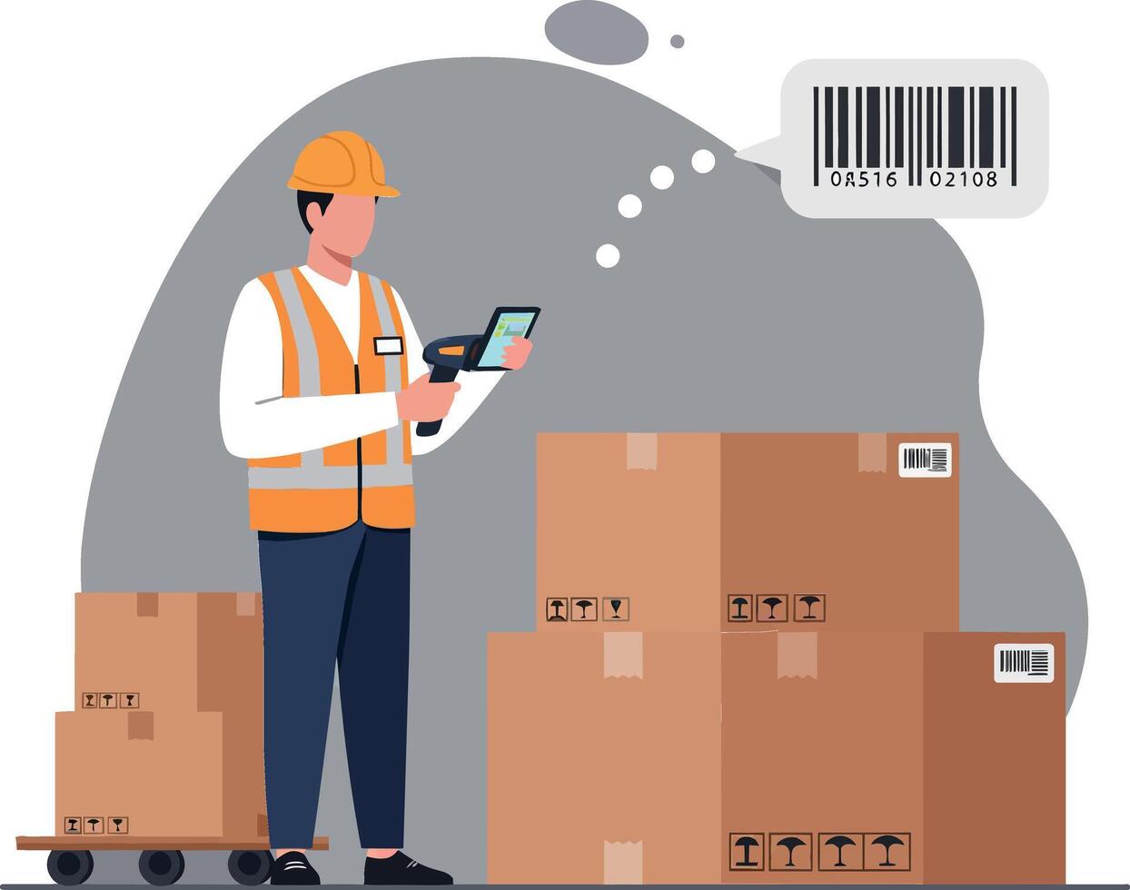 Warehouse worker scanning packages with a handheld device in a minimalistic flat design illustration vector