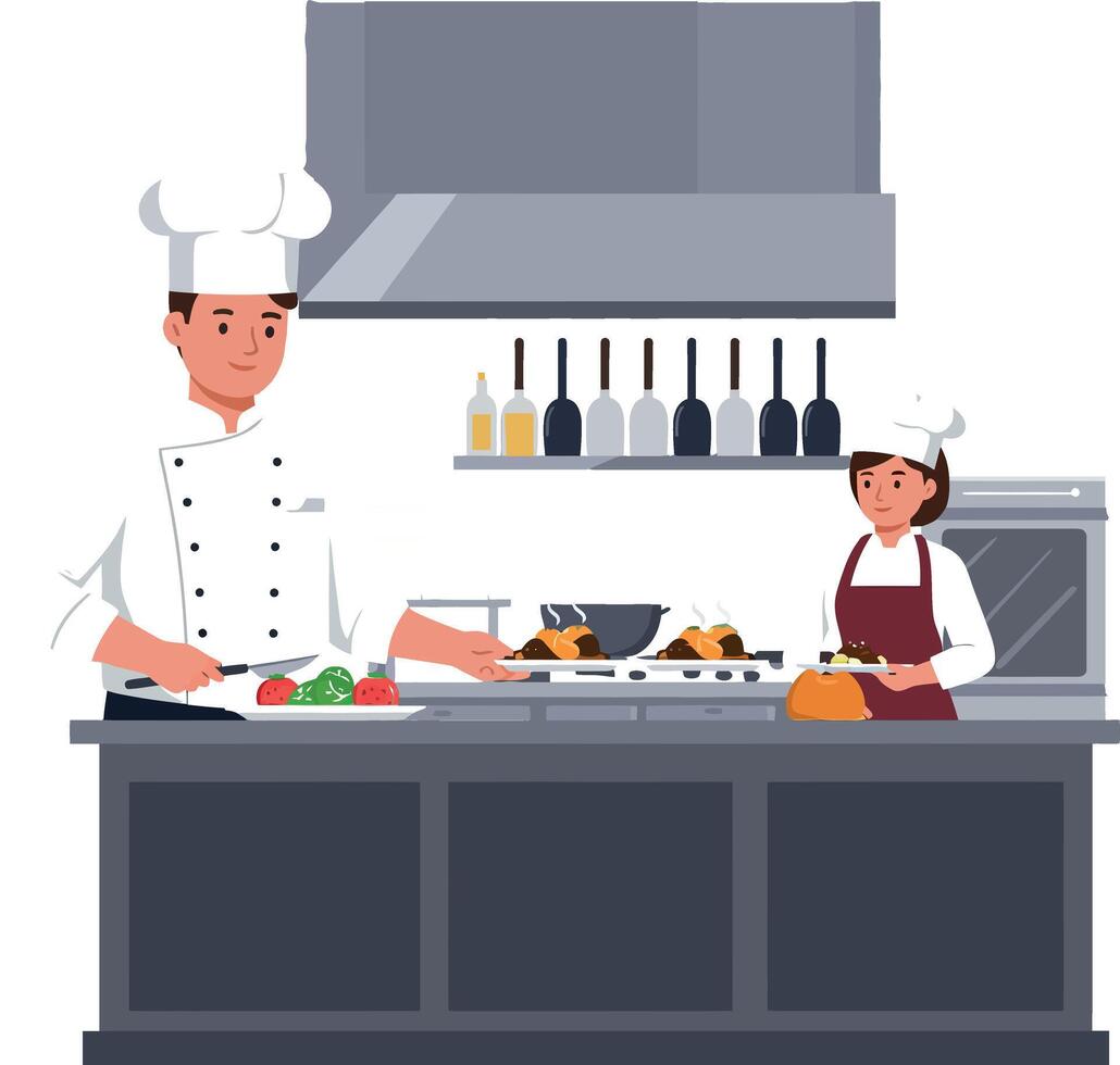 Chef preparing a colorful dish with fresh ingredients while assistant observes in a clean, modern kitchen, flat art vector