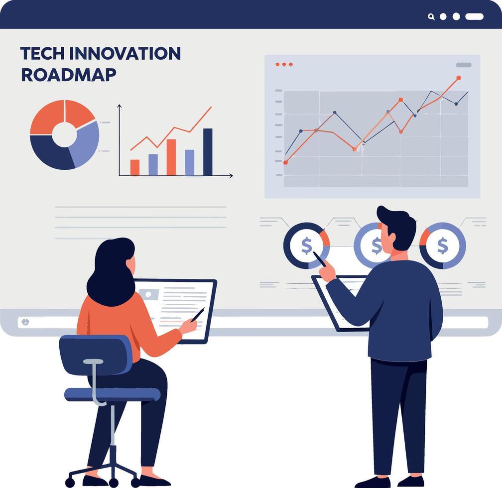 Two professionals analyzing data on a large screen in a modern office setting, minimal flat illustration vector